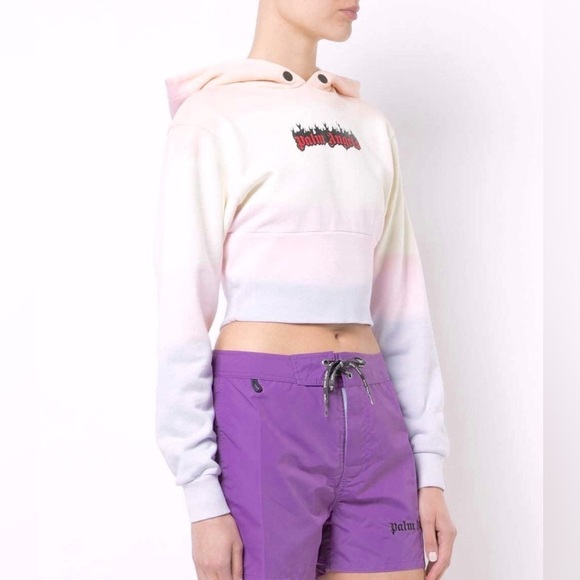Palm Angels Sweaters - Palm Angeles Rainbow Burning Logo Cropped Hoodie Size: Medium